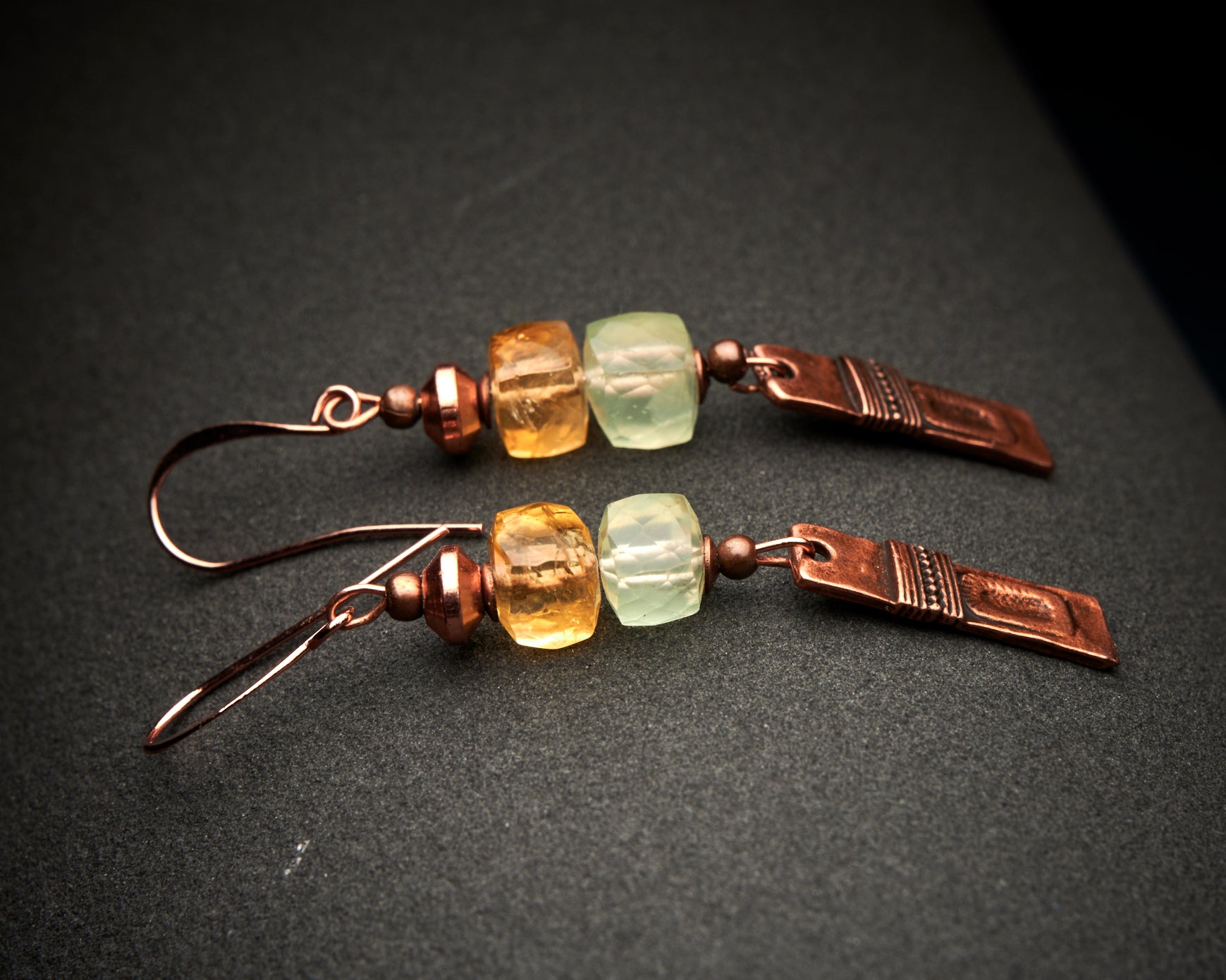Citrine Prehnite Copper Long Earrings