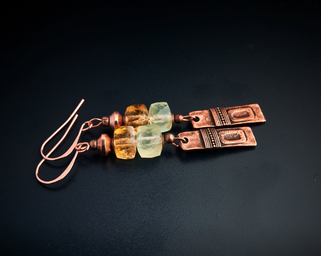 Citrine Prehnite Copper Long Earrings