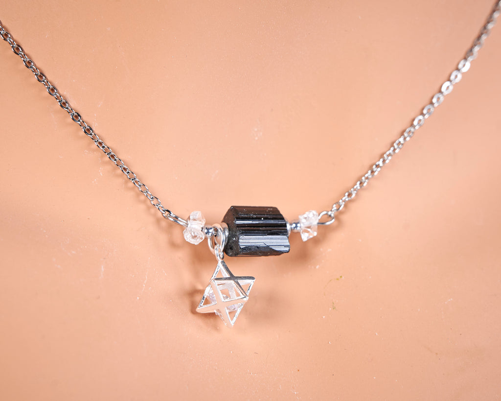 Raw Black Tourmaline Merkaba necklace
