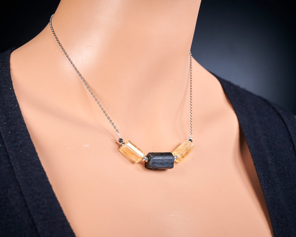 Rough Black Tourmaline Yellow Citrine Necklace