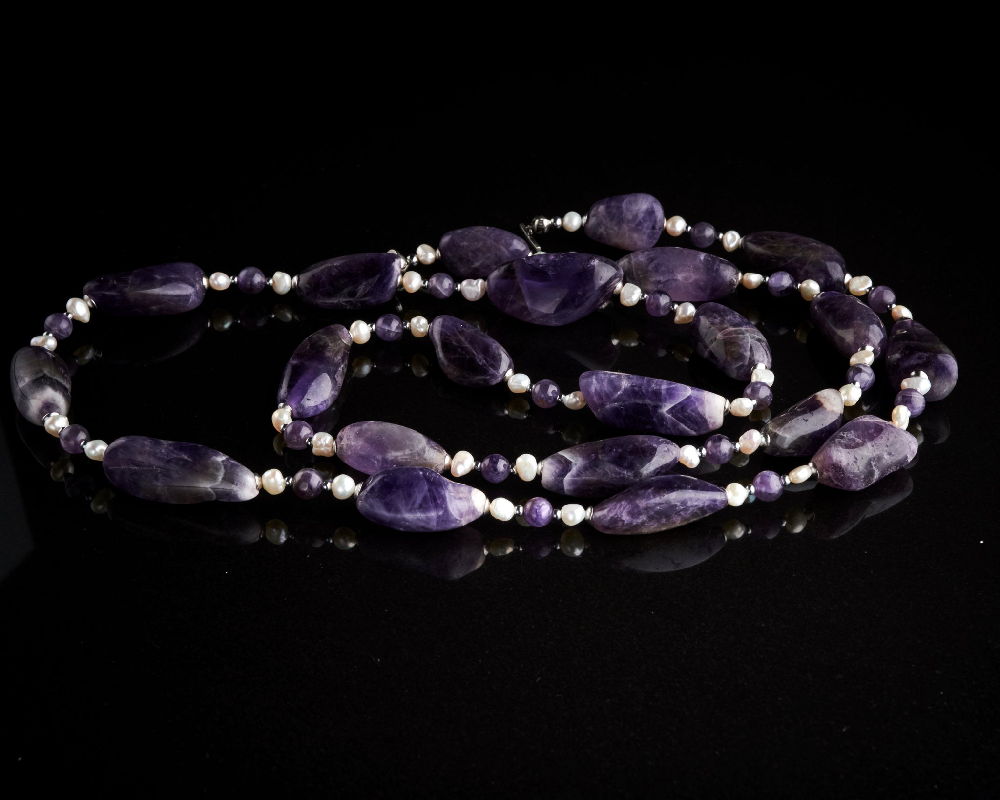 Chevron Amethyst White Pearls Long Necklace