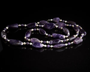 Chevron Amethyst White Pearls Long Necklace