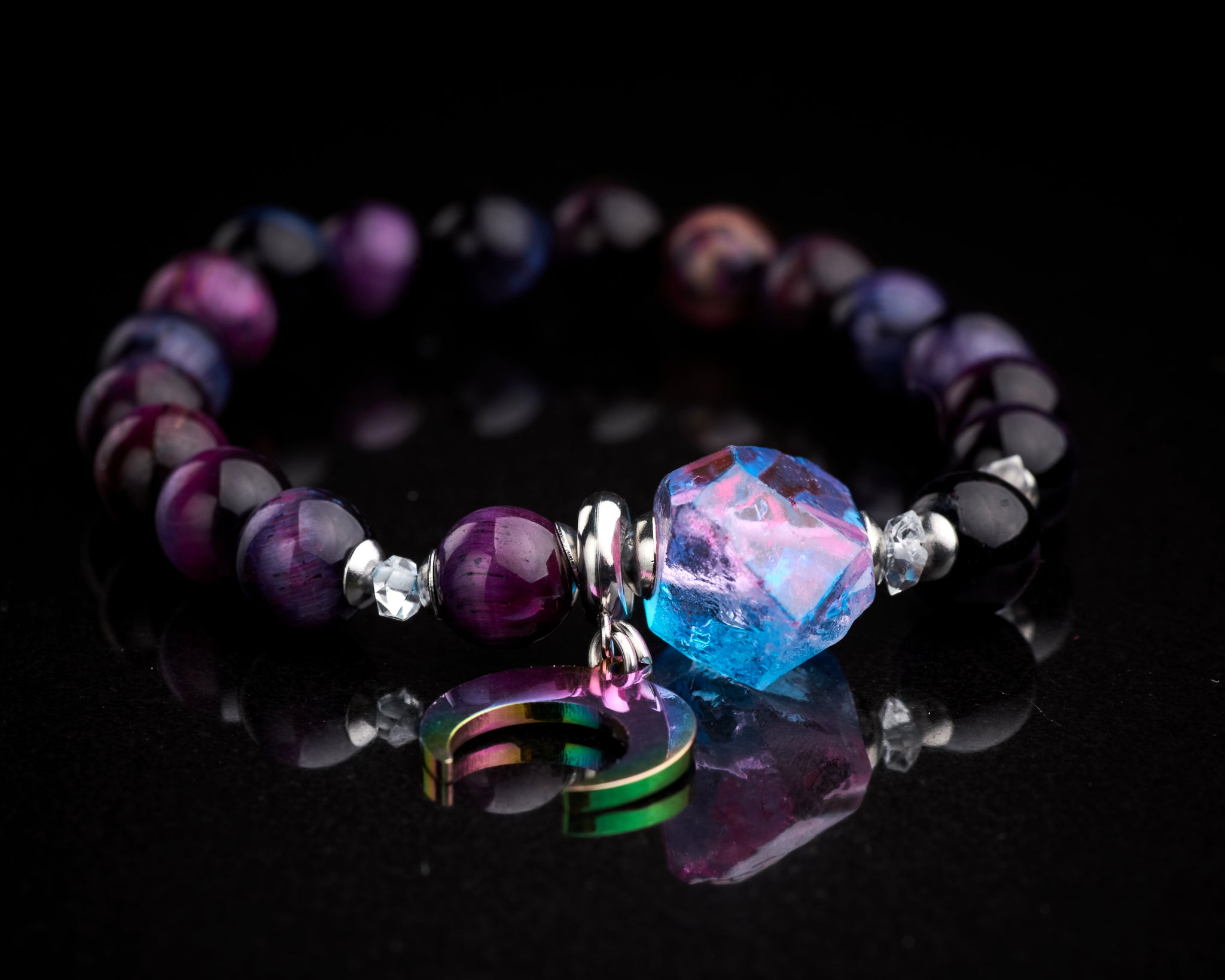 Galaxy Nebula Tiger Eye Raw Quartz Crescent Moon Bracelet
