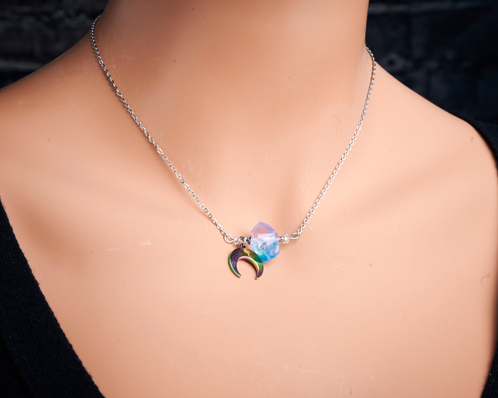 Raw Aura Quartz Crescent Moon Necklace