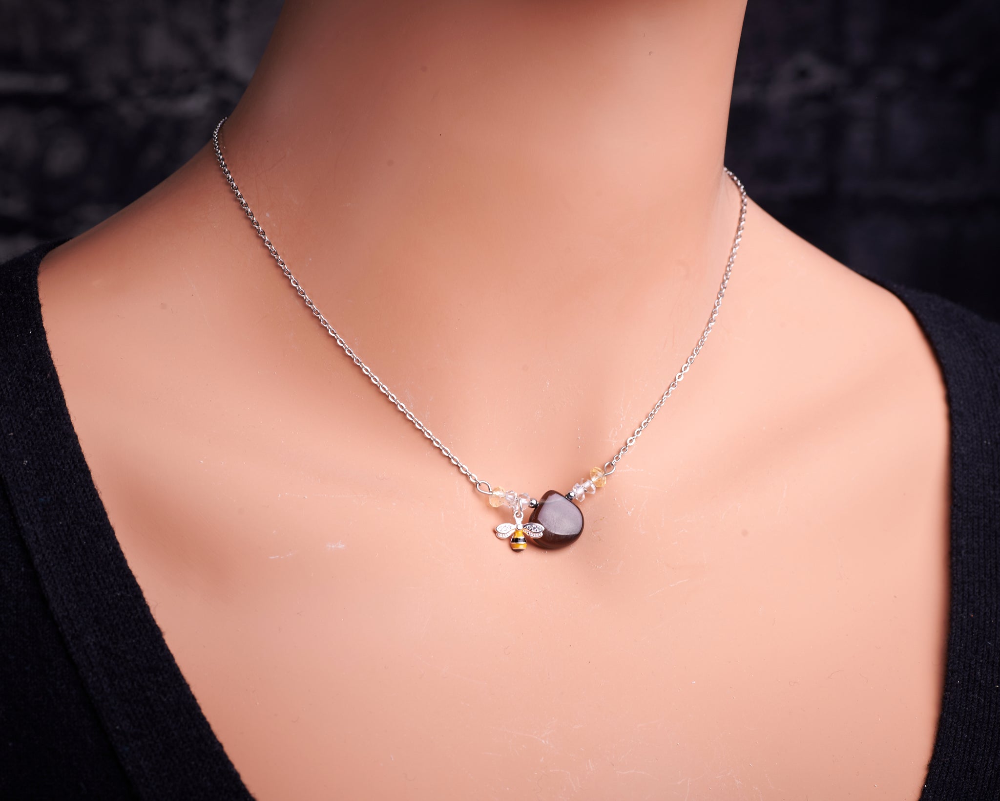 Bee Smokey Quartz Citrine Herkimer Diamond Necklace