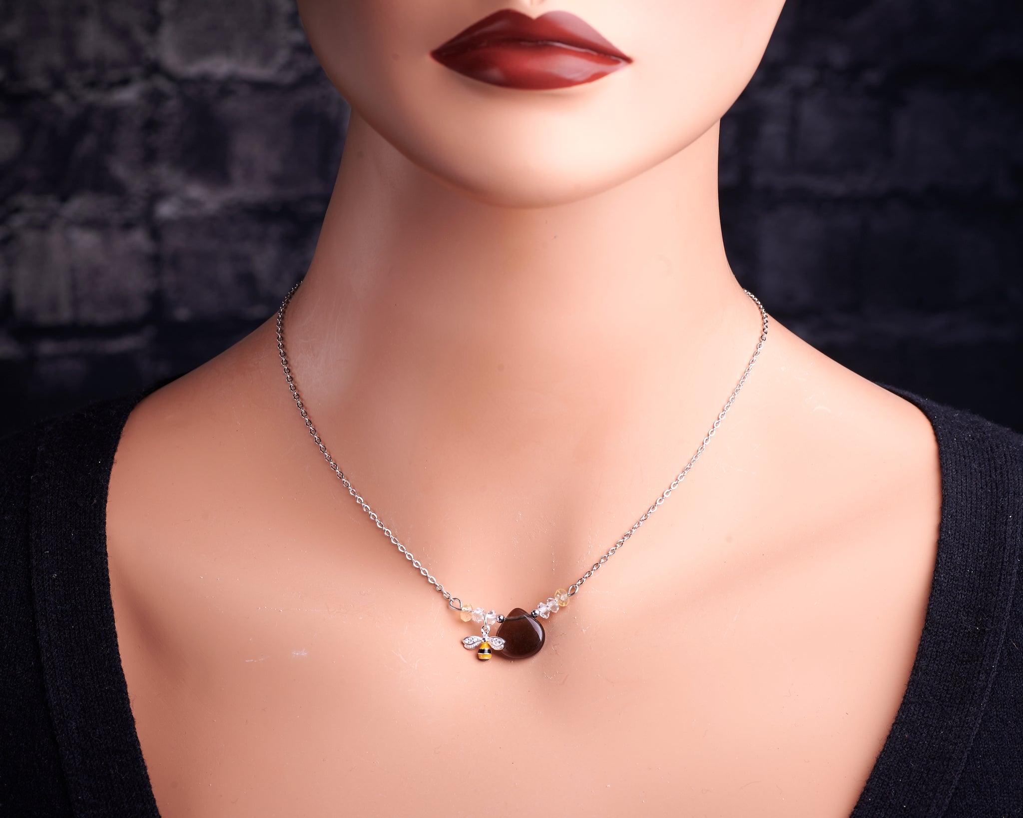 Bee Smokey Quartz Citrine Herkimer Diamond Necklace