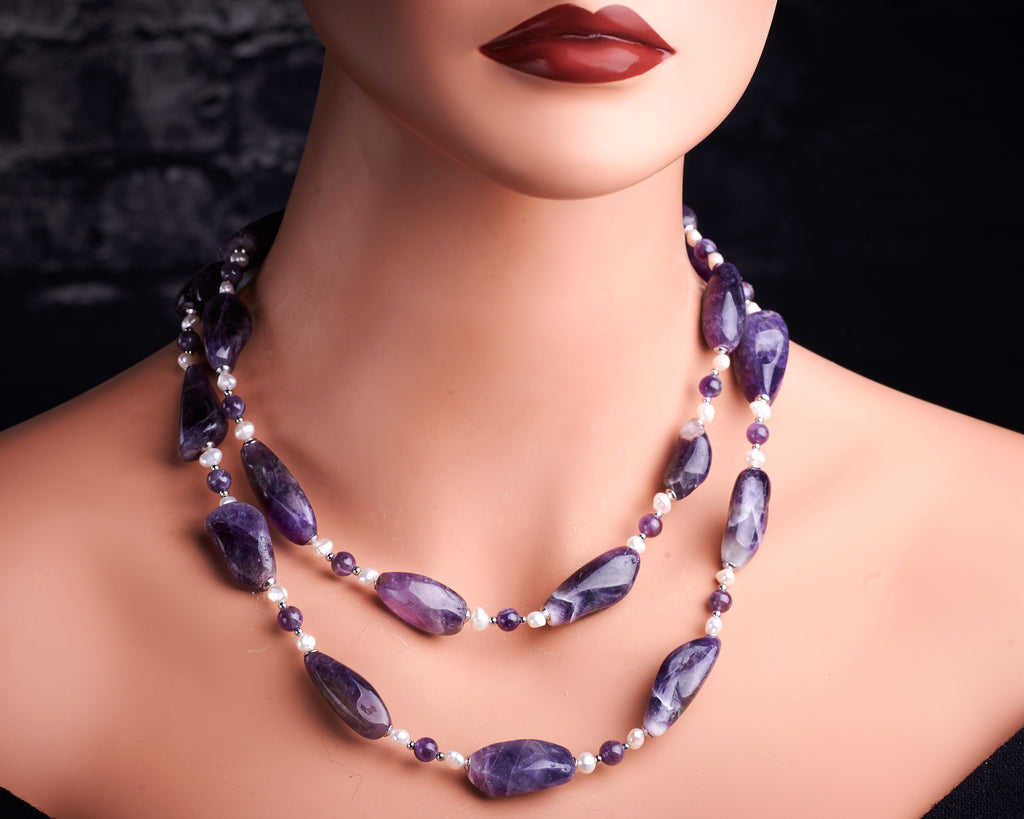 Chevron Amethyst White Pearls Long Necklace