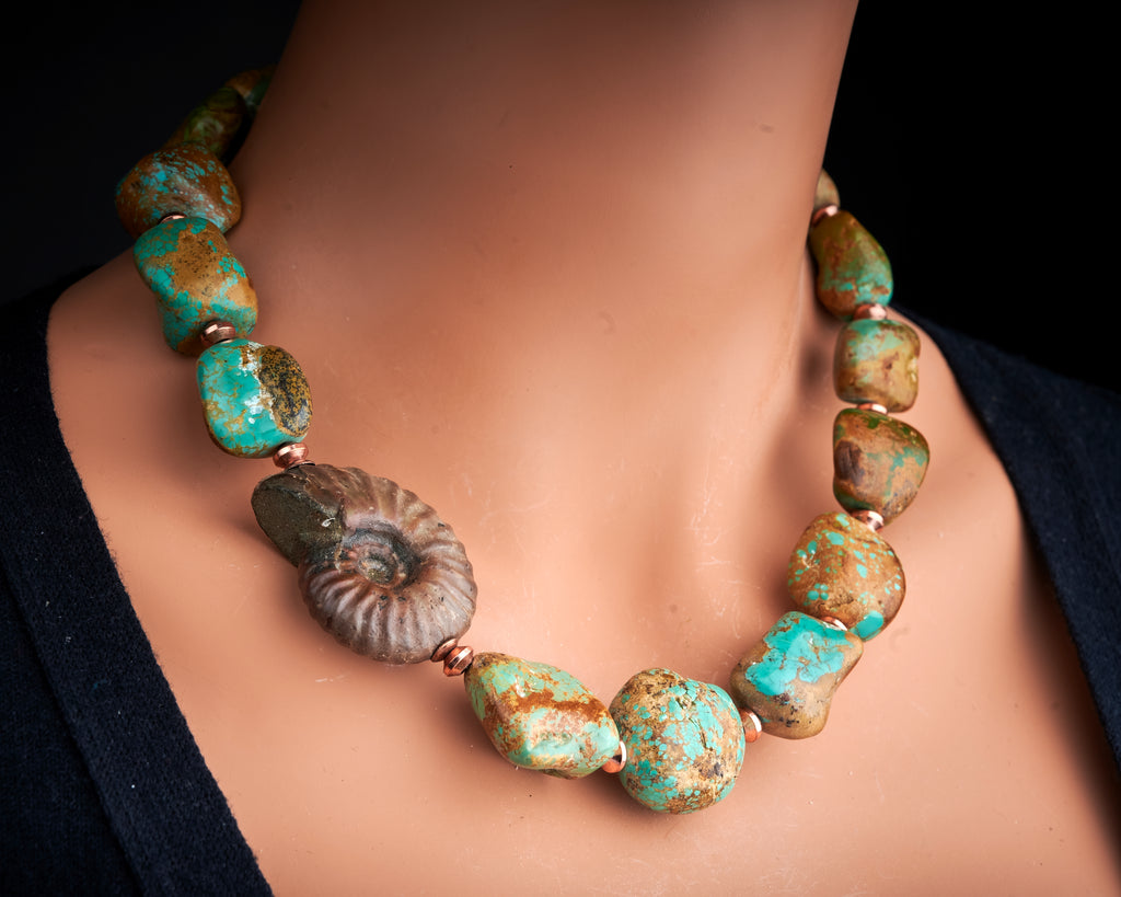 American Turquoise Solid Ammonite Copper Statement Necklace