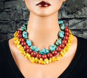 Natural Red yellow coral blue turquoise Multi strand Necklace